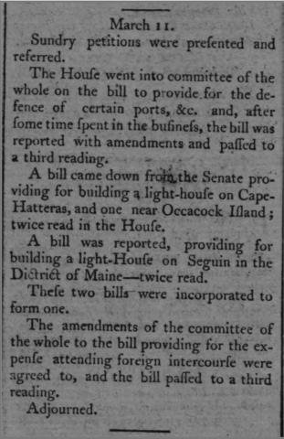 newspaper clipping regarding bill for lighthouses