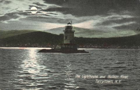 night post card illustration of beam emitting form lighthouse