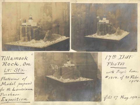 2 photos of model of lighthouse and island
