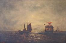 Painting of Bridgeport Harbor Light with ship date and artist unknown