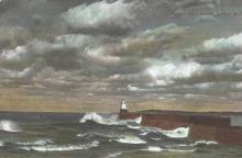 illustrated postcard of breakwater lighthouse in bad weather