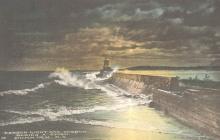 illustrated postcard of breakwater lighthouse at night 