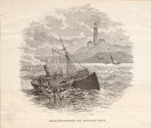 drawing of a fishing boat off the lighthouse