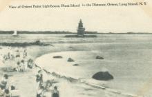 people in old fashioned swimwear on beach across from lighthouse